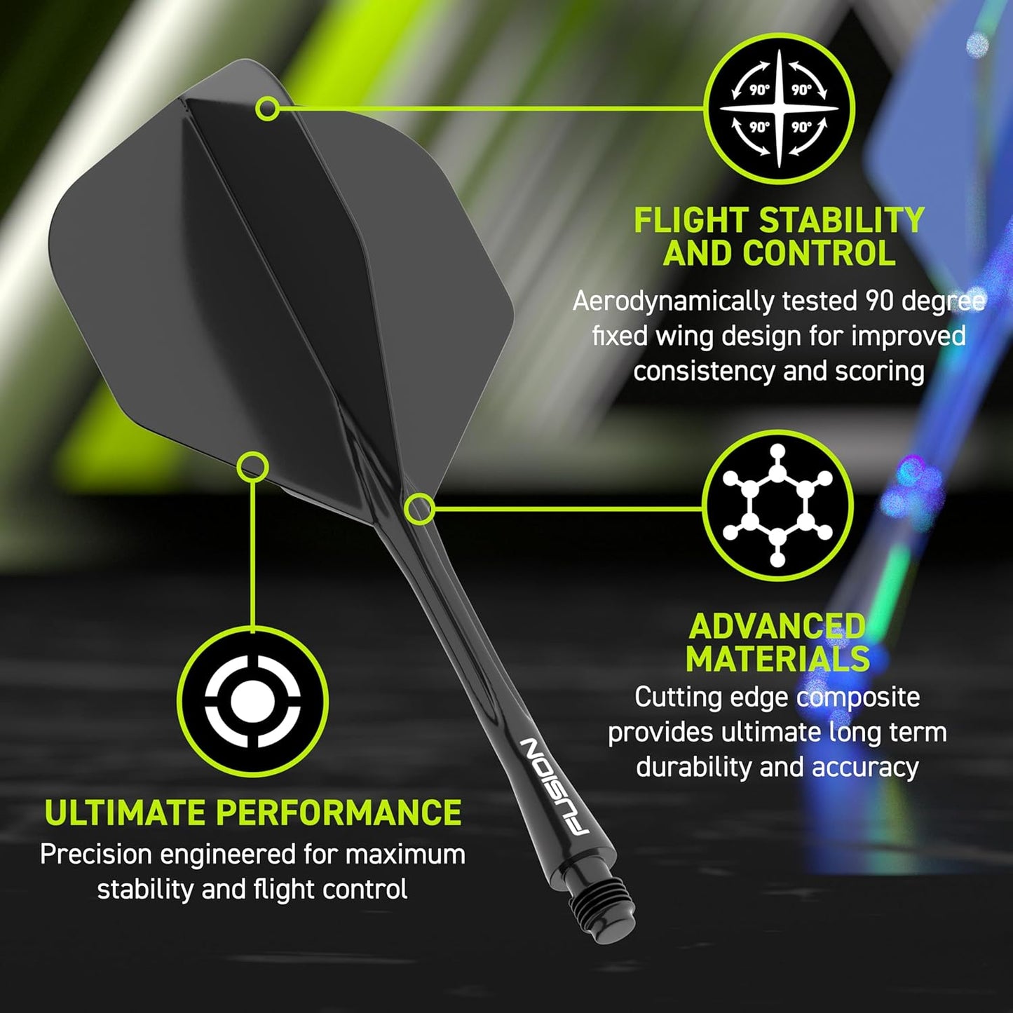 WINMAU Darts Fusion Integrated Flight & Shaft System - No.2 Shape and Design - Available in Short, Intermediate & Medium - Available in Variety of Colours