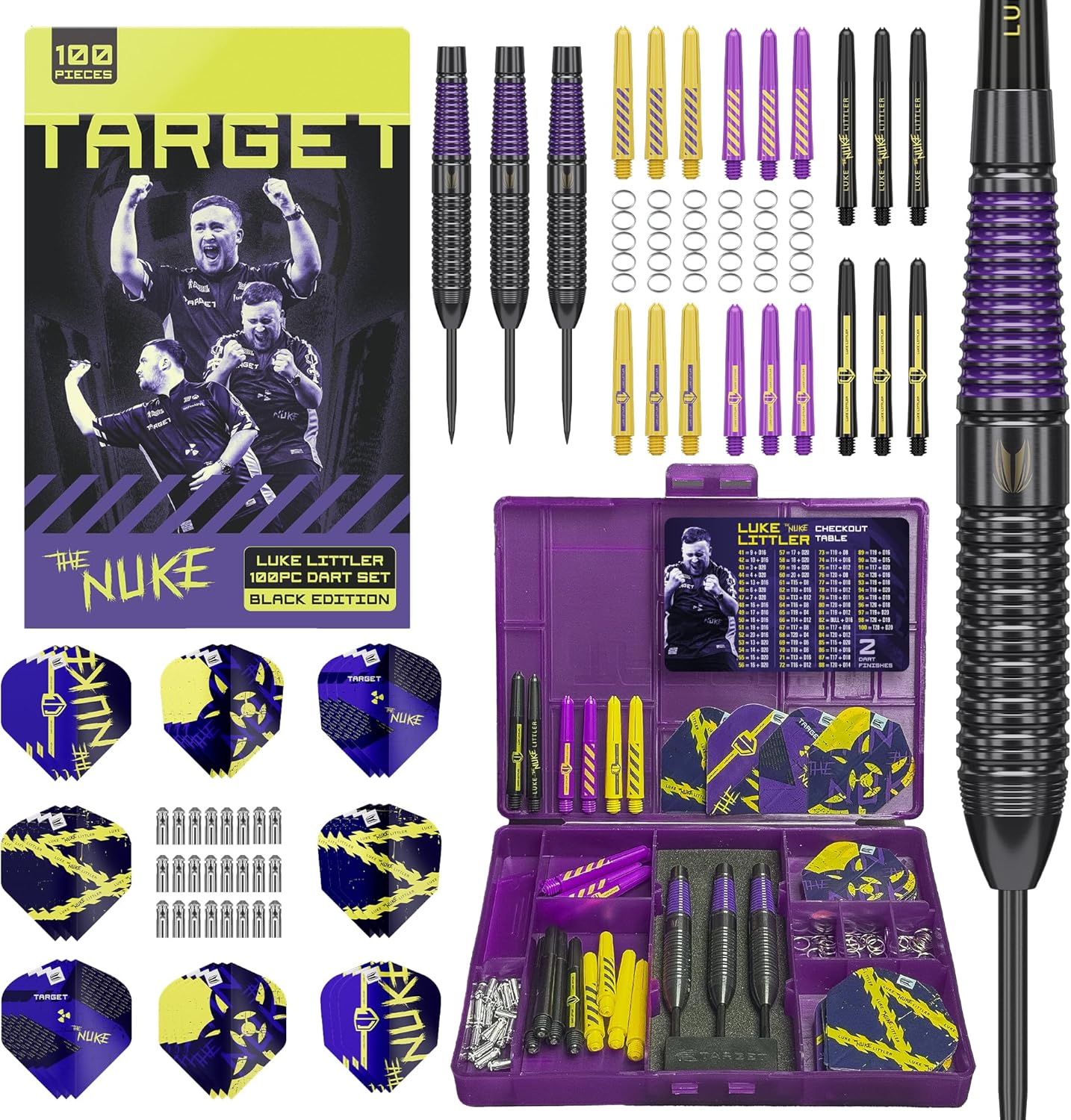 Target Darts Luke Littler Brass Dart Set with Fixed Steel Tip Points, 22G | Pro Grip Shafts & No.2 Pro Ultra Dart Flights | 100 Piece Professional Dart Set & Accessories for Any Player